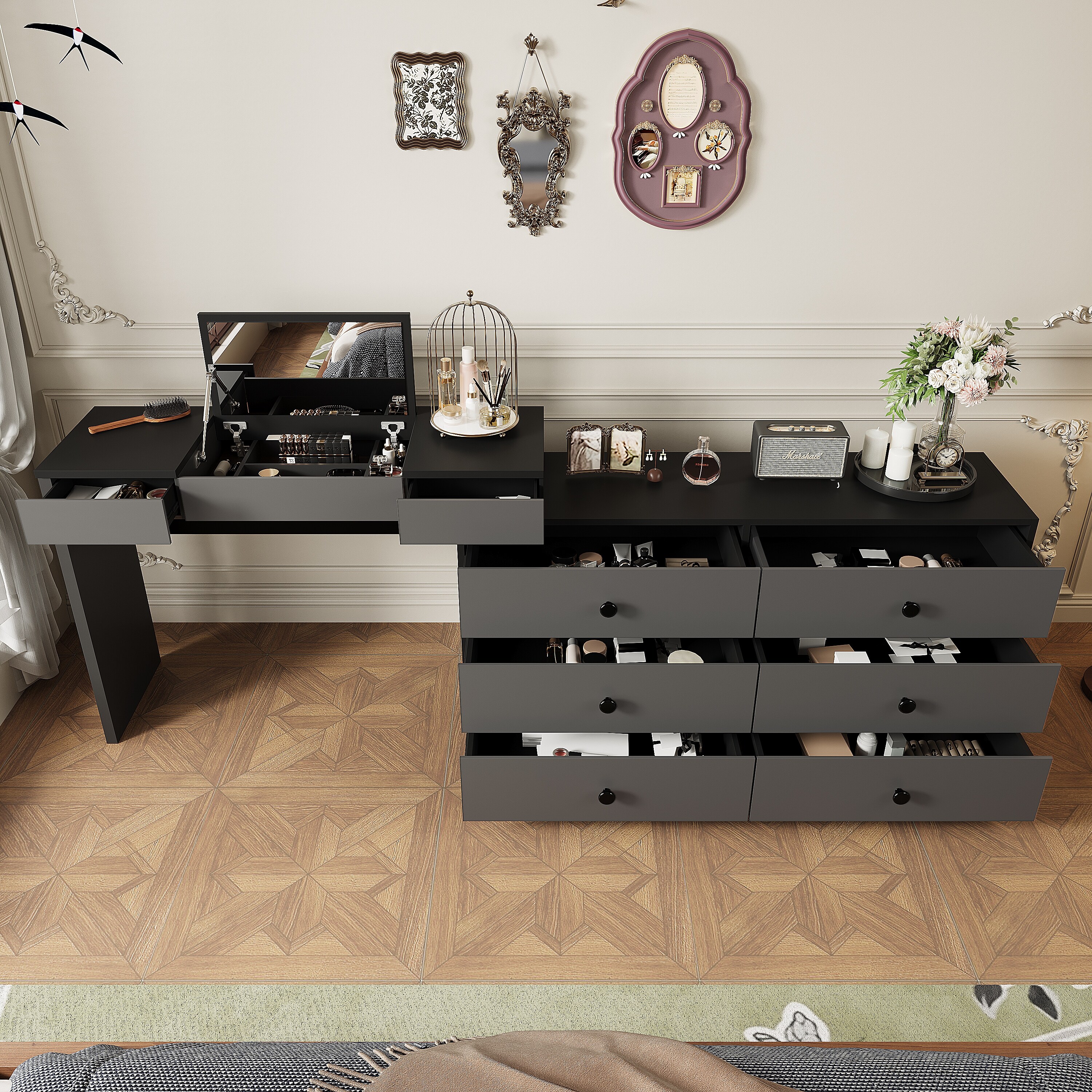 95.57" Modern Home Office Expandable Dresser Desk Combo with 6 Drawers -  Overstock - 43173825