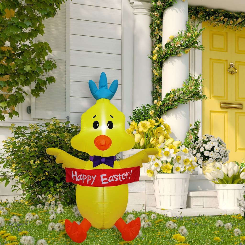 Fraser Hill Farm 5-Ft. Tall Chick Holding a Happy Easter Banner, Outdoor/Indoor Inflatable with Lights - 5 ft.