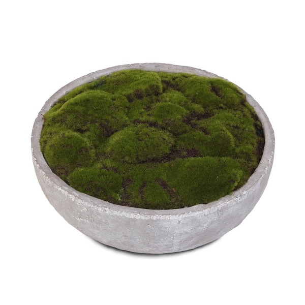 S-35 Artificial Fake Moss Arrangement in Round Stone Wash Cement Bowl - 14.5W x 14.5d x 2H, Green