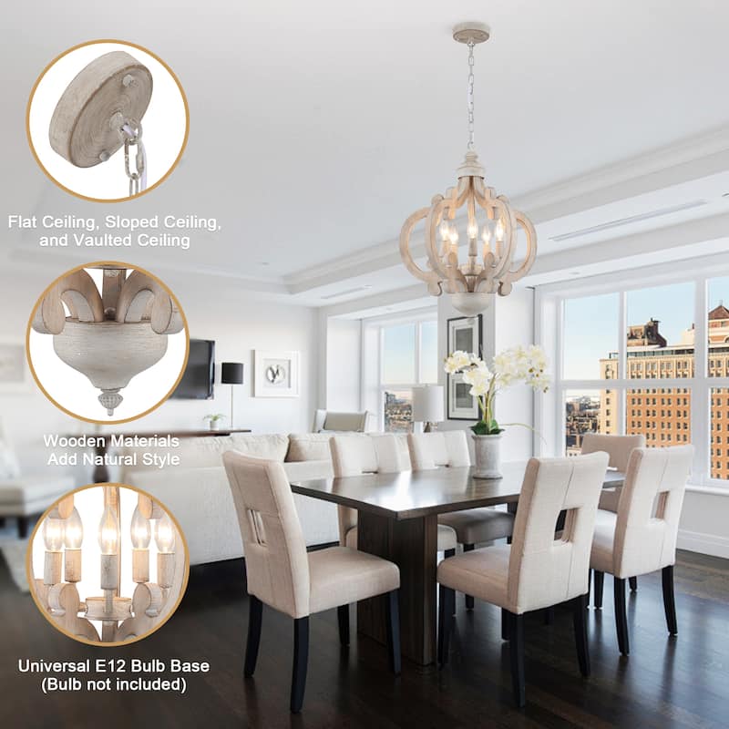 5-Light Country Wood Chandelier Light Fixture for Kitchen Island Dining Room