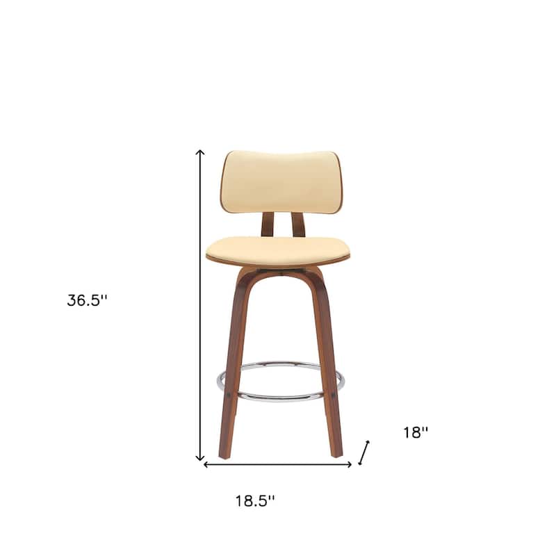 26" Cream And Wood Brown Faux Leather Swivel Low Back Counter Height Bar Chair