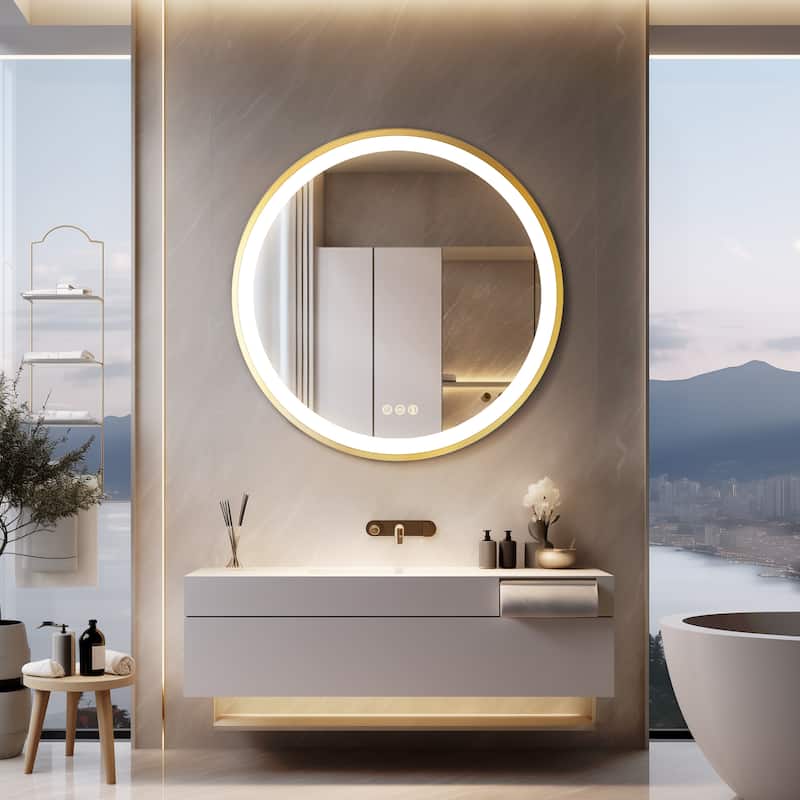 Gold Framed LED Wall Bathroom Vanity Mirror 3 Color Dimmable Anti Fog