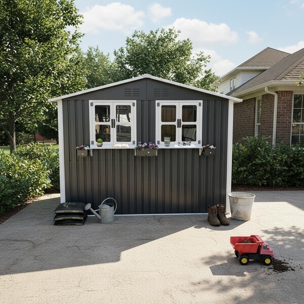 6x9 FT Outdoor Metal Storage Shed with Window & Flower Rack