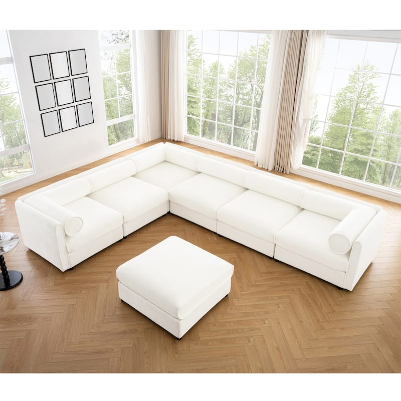 GDFStudio - Shanks Chenille 6-Seater Sofa With 1 Ottoman - White