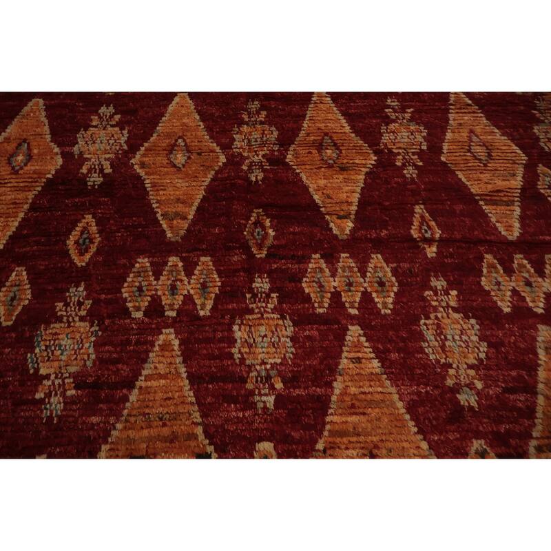 Hand Knotted Oriental 100% Wool Carpet Modern Tribal Red Moroccan Area Rug - 9' 11'' X 6' 10''
