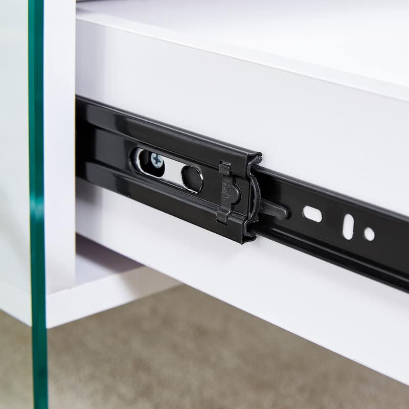 Double-Drawer Bedside Table:The Board Surface Is Mdf With White Grain Sticker,And Both Sides Are Transparent Tempered Glass