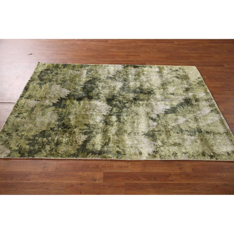 All-Over Green Abstract Indian Area Rug Handmade Wool Carpet - 4'7"x 6'6"