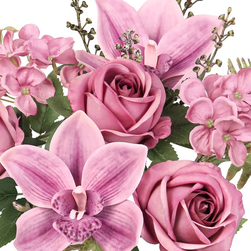 Set of 2 Plum Mauve Artificial Mixed Rose Cymbidium Orchid Hydrangea Flower Stem Bush Bouquet 16in - 16" L x 9" W x 9" DP