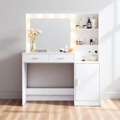 Makeup Vanity with Mirror and Lights, 46.4" Dressing Table with Storage Drawers, Shelves & 3 Light Modes