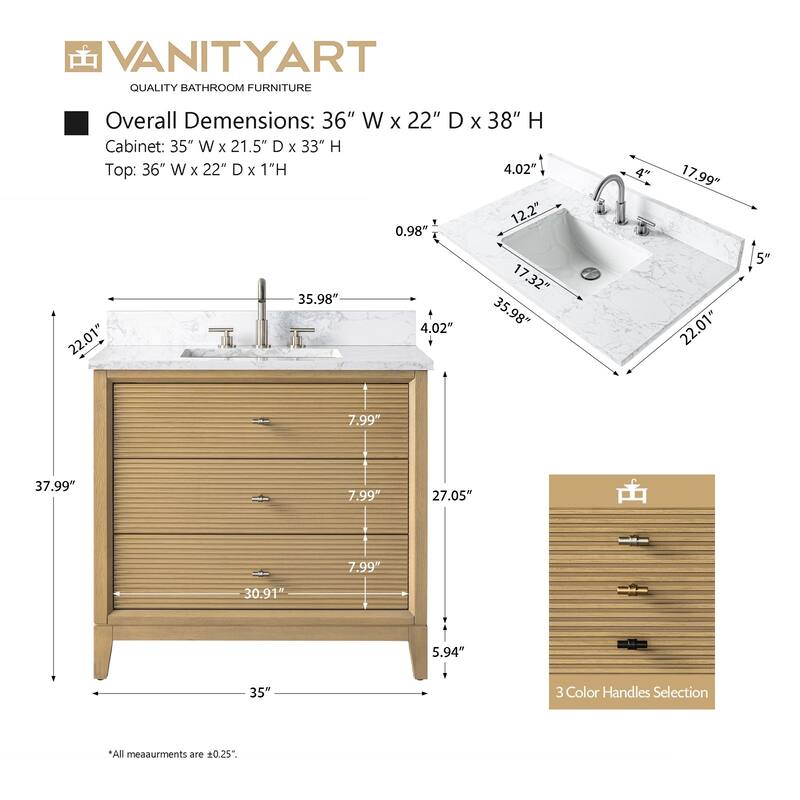 Vanity Art 36" Freestanding Bathroom Vanity with Engineered Marble Top and Sink