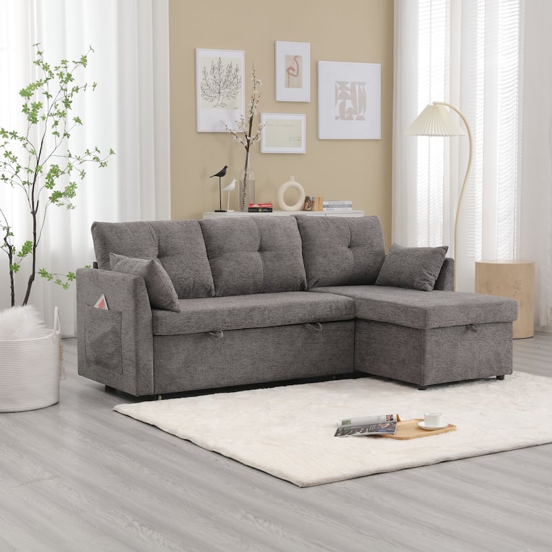Corduroy/Chenille Upholstered L-Shaped Storage Reversible Chaise Sectional Sofa with Side Pocket
