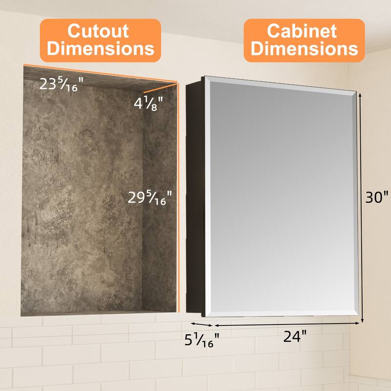 Belle Medicine Cabinet with Mirror, Adjustable Shelves, Recessed or Wall Mount