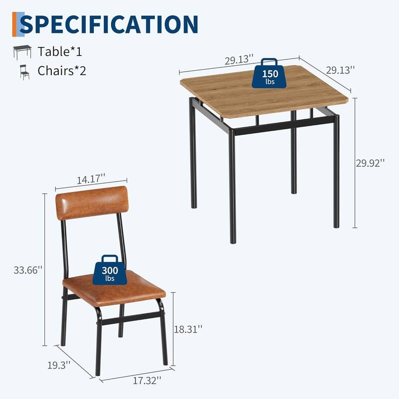 3 Piece Dining Table Set with 2 PU Upholstered Chair for Dining Room, Apartment, Studio