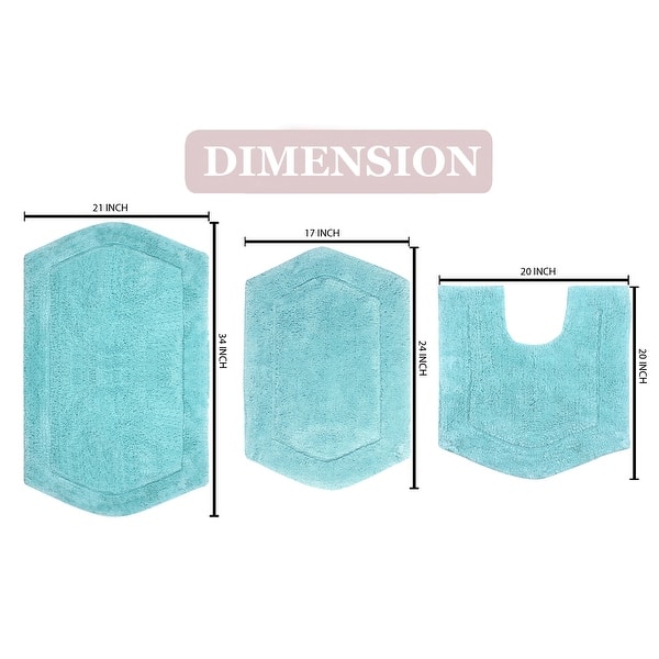 dimension image slide 5 of 19, Waterford Collection 100% Cotton Non-Slip Bathroom Rug Set, 3 Piece Machine Washable- Bathroom Rug, Bath Rug, U Shaped Contour