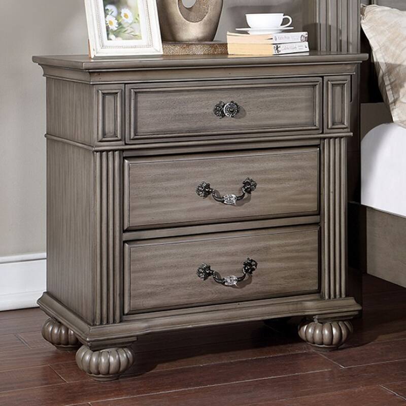 Traditional Gray 1pc Solid Wood Nightstand w/ 3 Drawers & Antique Brass Handles for Bedroom