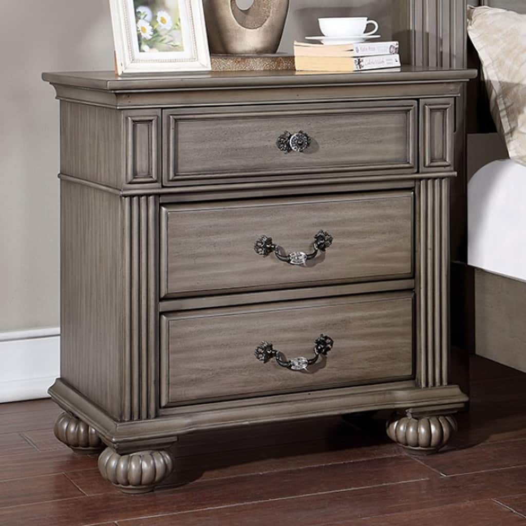Traditional Gray 1pc Solid Wood Nightstand w/ 3 Drawers & Antique Brass Handles for Bedroom
