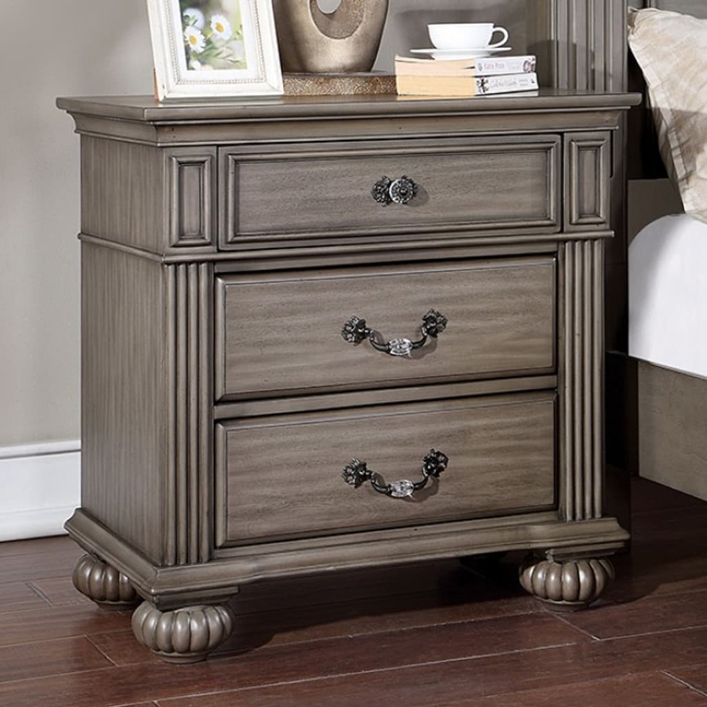 Wooden Nightstand with 3 Storage Drawers, Coffee Table with Wooden Legs, Couch Side Table with Antique Brass Handles