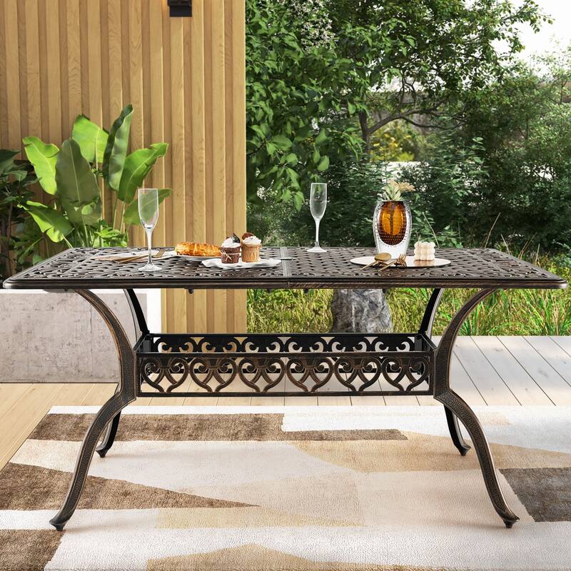 59'' Outdoor Dining Table All-Weather Cast Aluminum Umbrella Hole