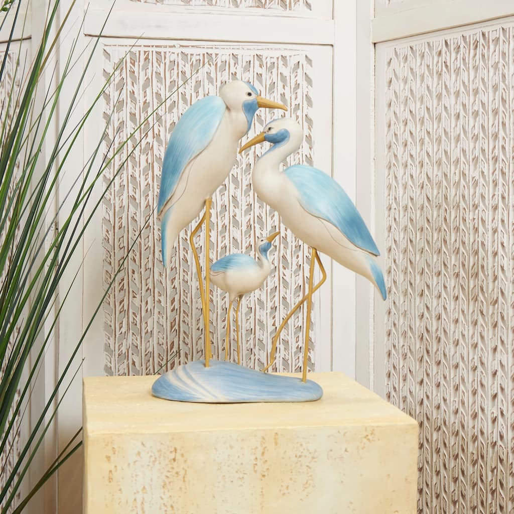 Light Blue Polystone Family Bird Decorative Sculpture with Yellow Accents