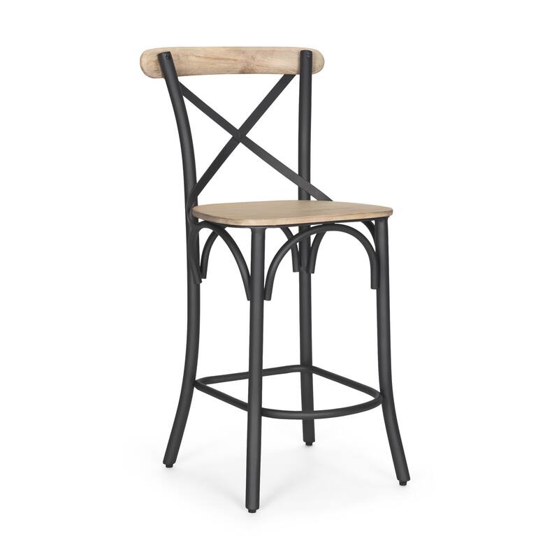 HomeRoots 26" Natural and Gray Solid Wood and Iron Counter Height Bar Chair