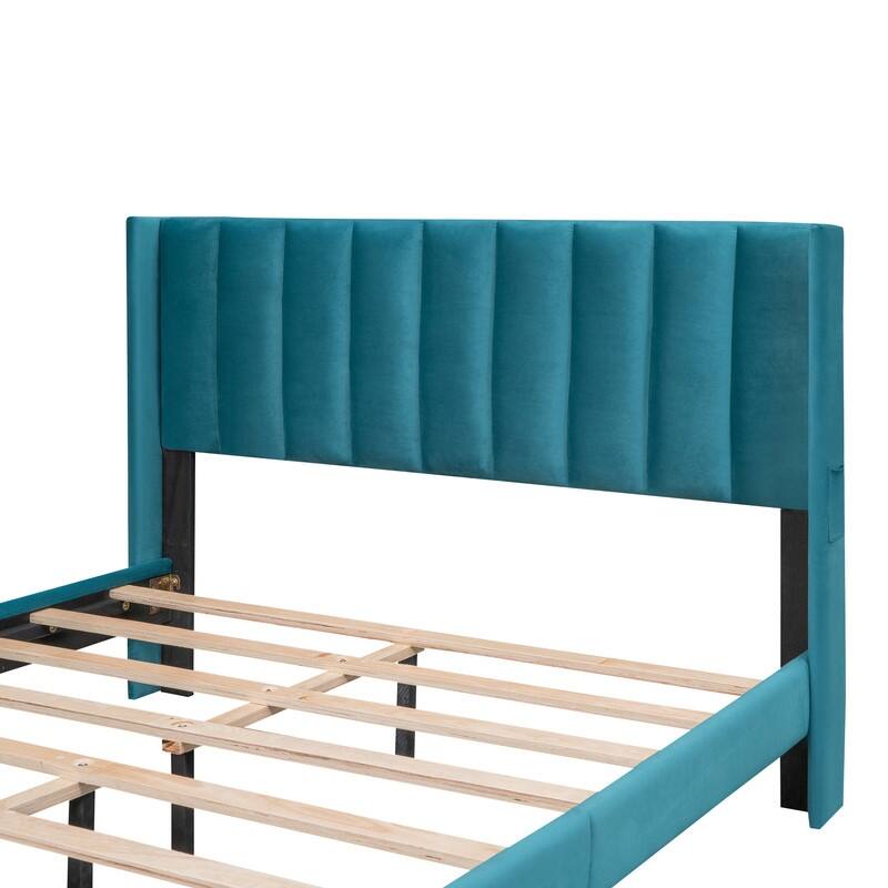 Queen Size Storage Bed Velvet Upholstered Platform Bed with a Big Drawer