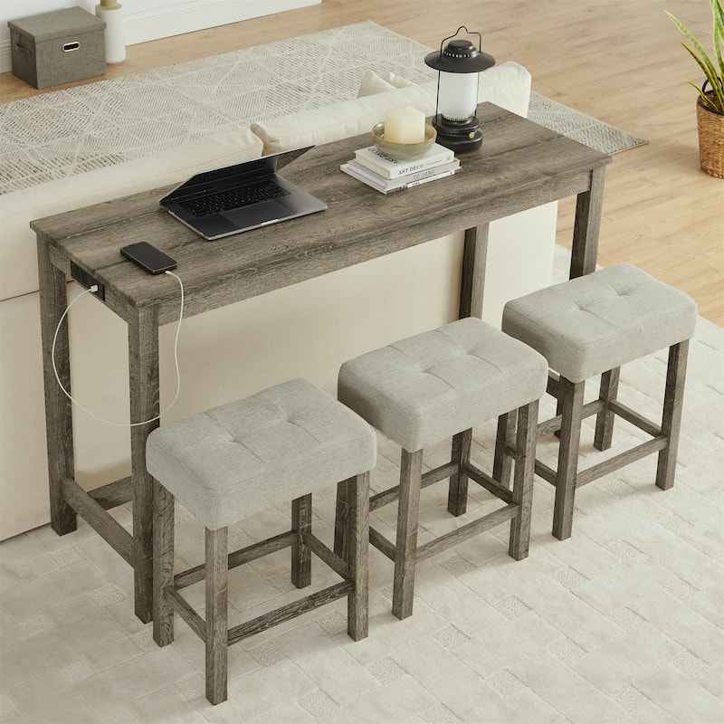 59" Counter Height Bar Table Set with Power Outlet, Industrial Breakfast Table with 3 Stools, 4 Piece Bar Table and Chairs Set