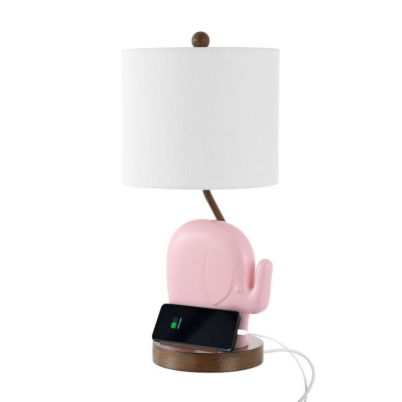 Campana 20.25" Bohemian Designer Iron/Resin Elephant LED Kids Table Lamp with Phone Stand and USB Charging Port, by JONATHAN Y