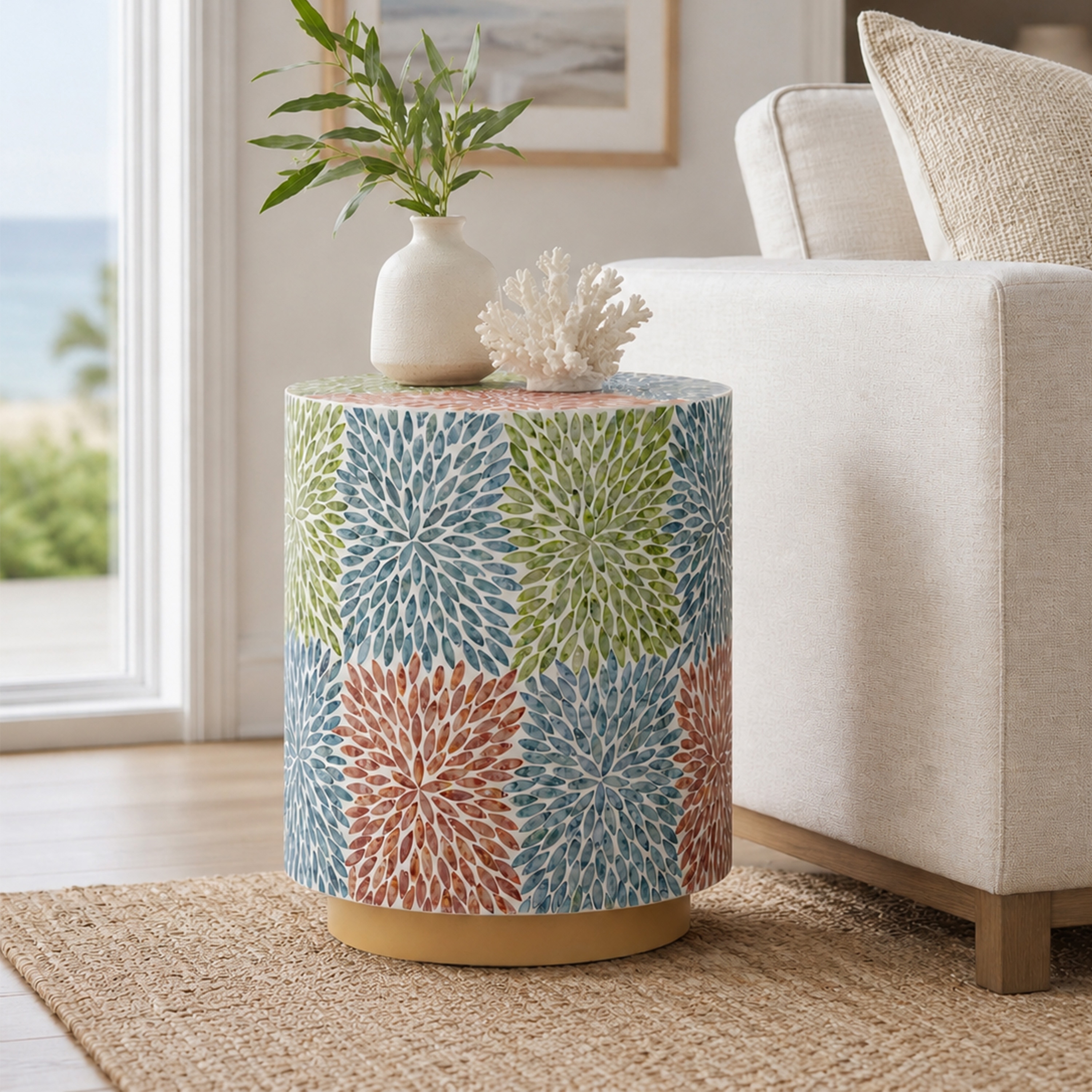 Linon Falcete Capiz Multicolor Drum Accent Table