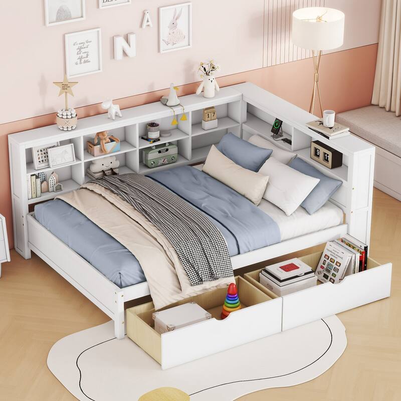 Wooden DayBed with 2 Drawers, Storage Shelf and USB Charging Ports