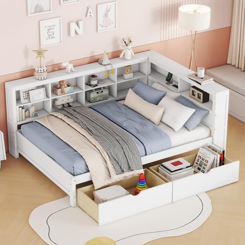 Wooden Full Size DayBed with 2 Drawers, DayBed with Storage Shelf and USB Charging Ports,White