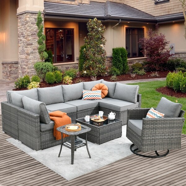 XIZZI 9-Piece Outdoor Furniture Sectional Swivel Chair Set - Bed