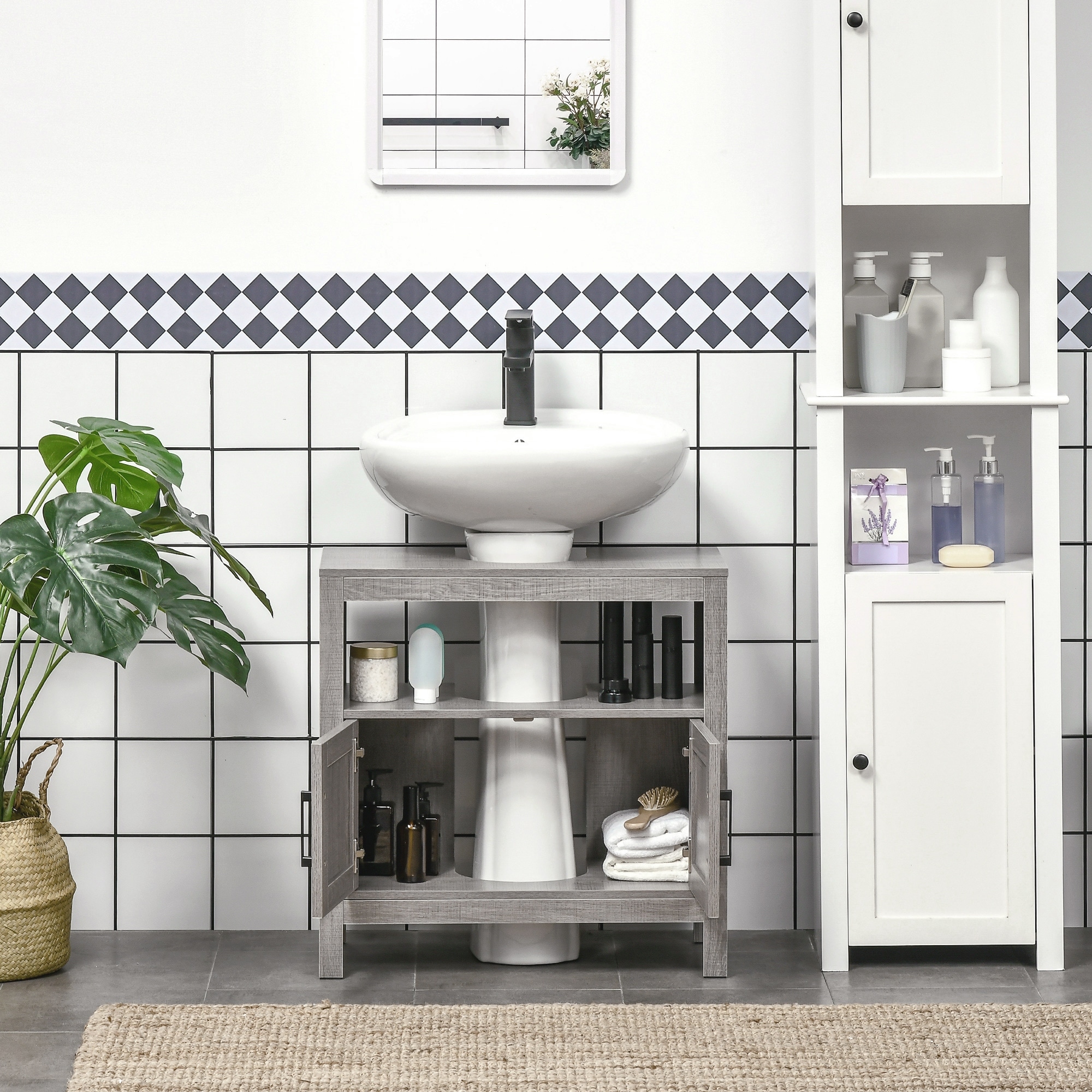 kleankin 24 Bathroom Under Sink Cabinet with Storage Pedestal Sink Cabinet  Adjustable Shelf and Open Bottom Shelf Grey