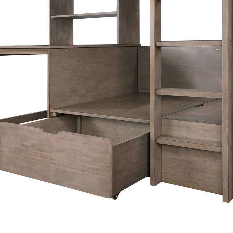 Furniture of America Wegh Solid Wood Twin Size Loft Bed with Workstation and Hidden Storage