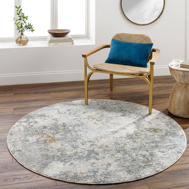 Livabliss Dresden Mid-Century Modern Abstract Area Rug - Taupe/Blue - 5'3" x 5'3" Round - Round