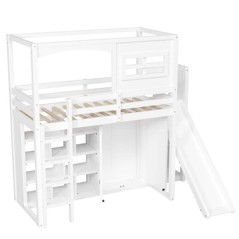 White Twin Size Wood Loft Bed with Slide, Wardrobe, Storage Shelves, LED Light, and House Frame