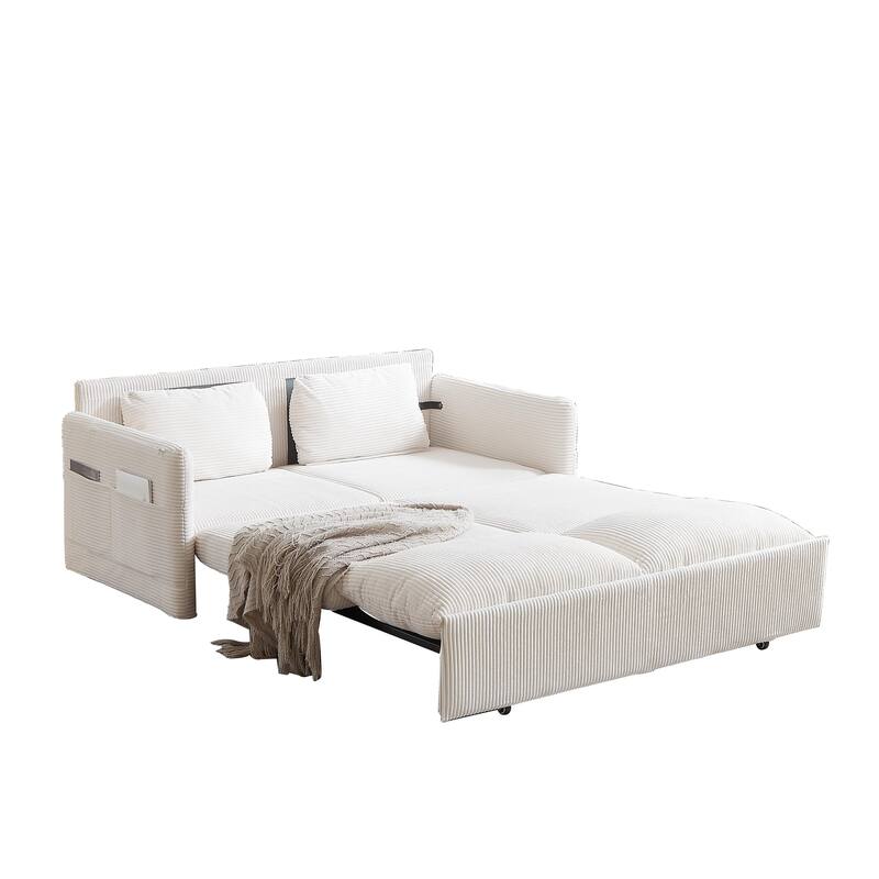 65" Corduroy 3-in-1 2-Seater Sleeper Sofa with Loveseat Side Storage Pocket, High-Density Sponge Cushions
