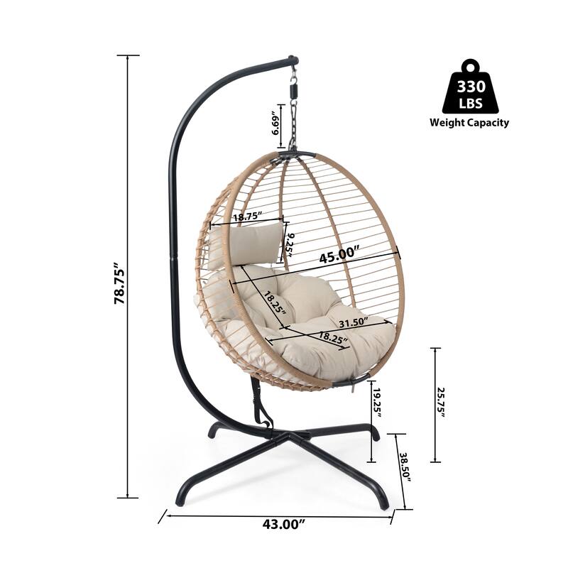 Roomfitters Sora Outdoor Wicker Hanging Chair with Stand and Beige Cushion, Brown Rattan Swing - Single Unit