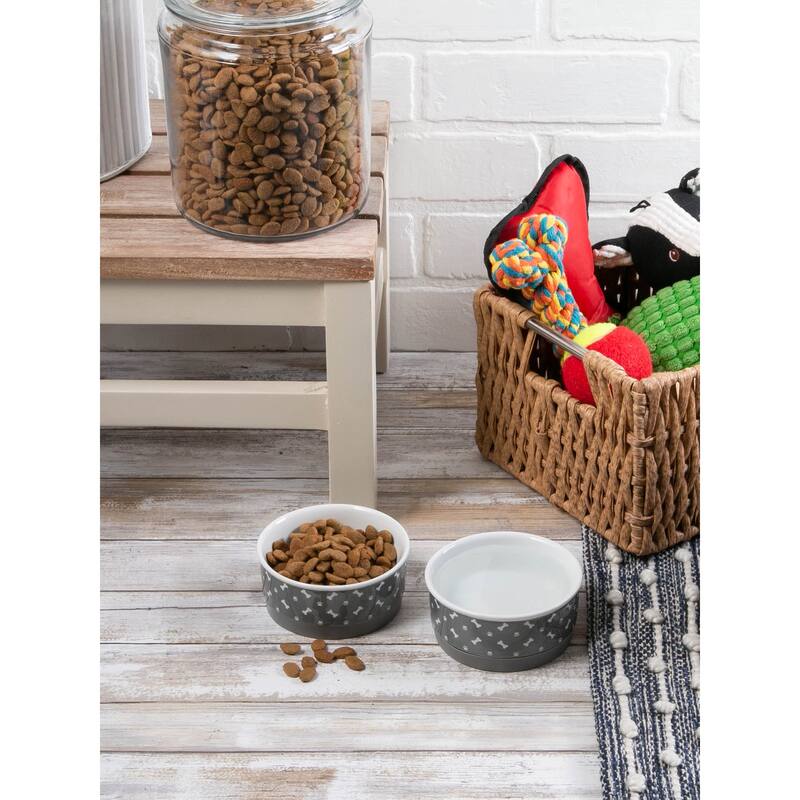 DII Pet Bowl Black Paw Print Gray Small 4.25dx2h (Set of 2)