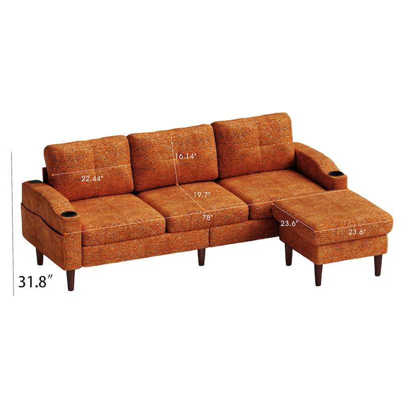 3 Seater L-shaped Sectional Sofa with Storage Ottoman, Built-in USB Ports, Cup Holders and Side Pockets for Living Room