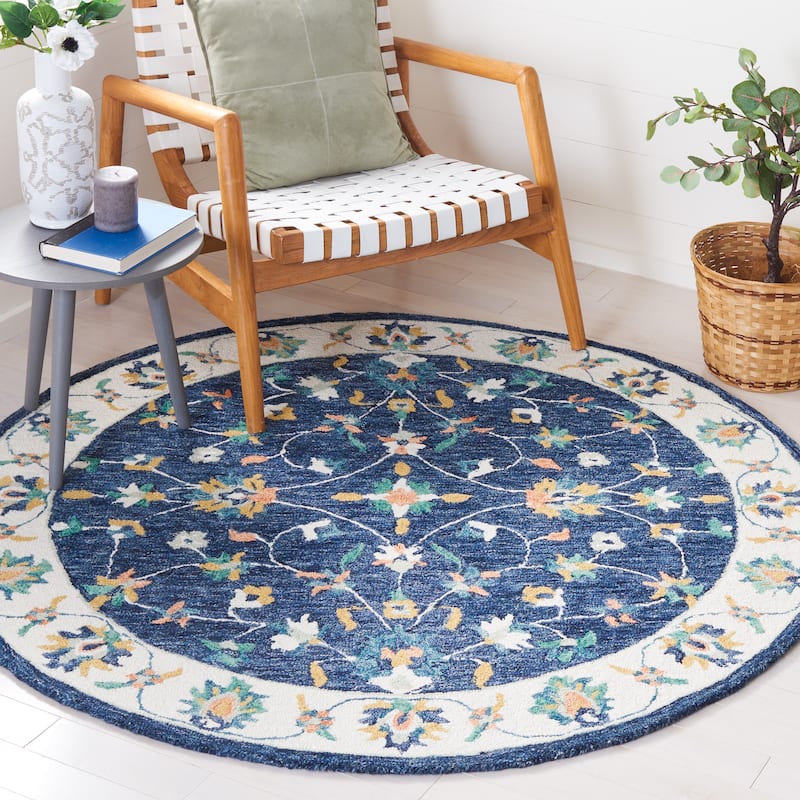 SAFAVIEH Handmade Micro-Loop Nikola Oriental Wool Rug - 5' Round - Blue/Ivory