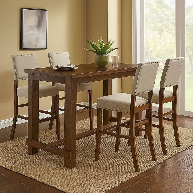 Bega 5pc Bar Height Table and Chair Set, Ivory Linen, Rustic Oak Wood