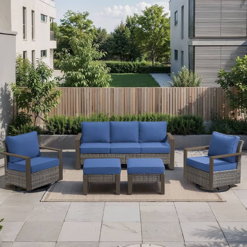 Pocassy Outdoor Sofa, Swivel Chair, Patio Chair Ottoman Set - 5 Pieces Sofa Swivel Chairs w/ Ottoman - Grey Wicker Blue Cushion