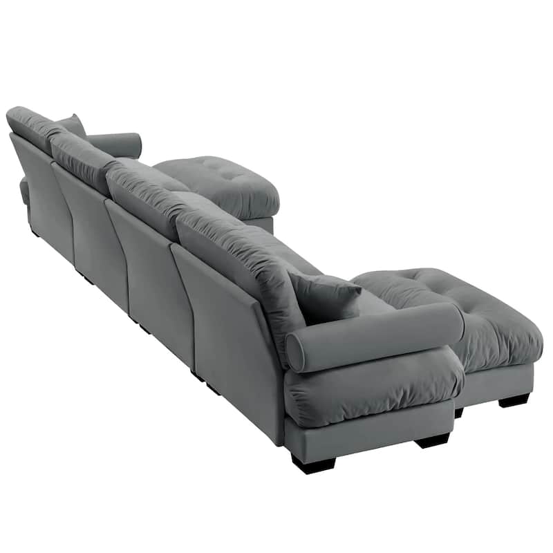 GDFStudio - Azura Vintage Velvet 4 Seater Sectional Sofa with 2 Movable Ottomans and Pillows