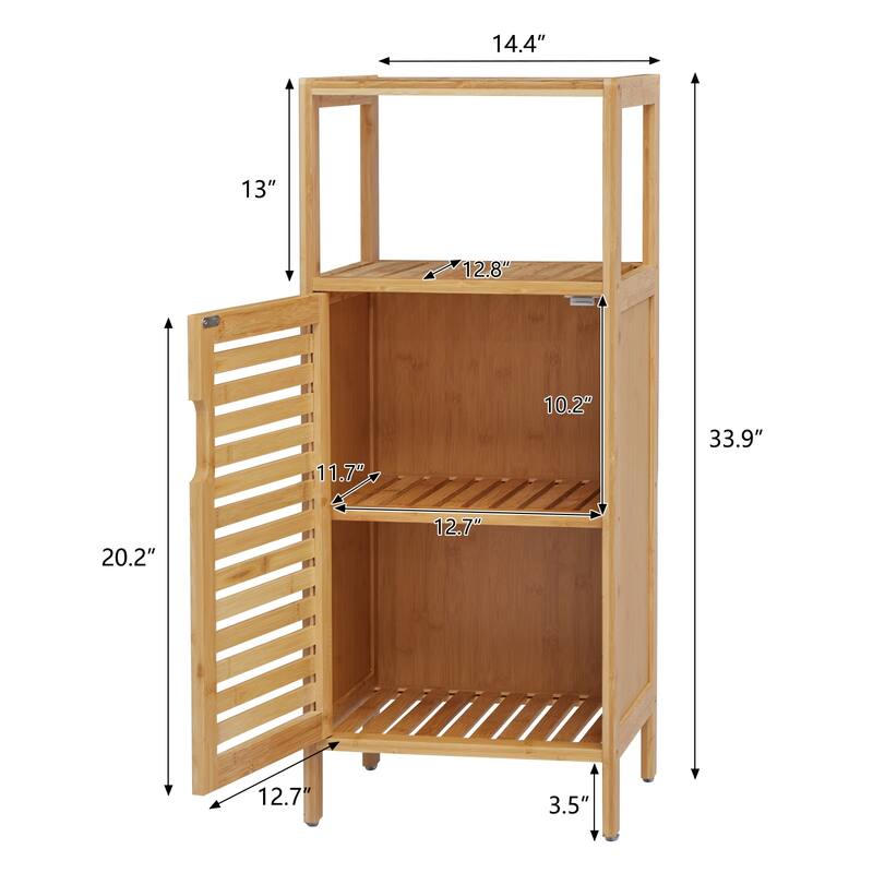 Bathroom Cabinet w/ 5 Hooks, Multifunctional Bamboo Storage Organizer w/ Door and Shelf, Free Standing Kitchen Cupboard