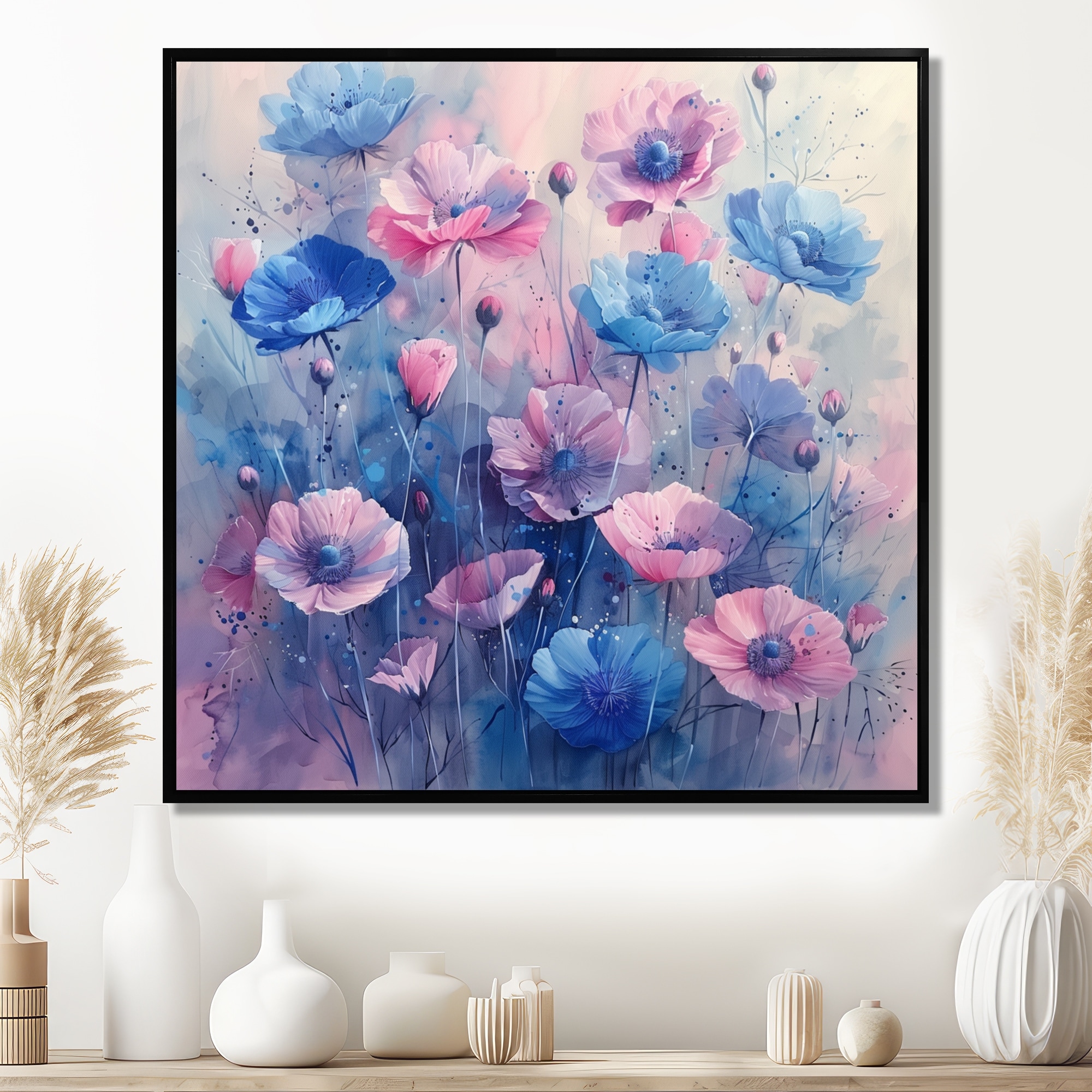Designart "Blue Pink Cornflowers Garden Of Dreams II" Cornflowers Framed Canvas Wall Art - Traditional Yellow Wall Decor