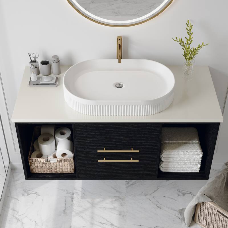 GDFStudio - Modern Wall-Mounted Multi-Layer Solid Wood Bathroom Vanity with Ceramic Vessel Sink & Open Shelf Storage - 40"
