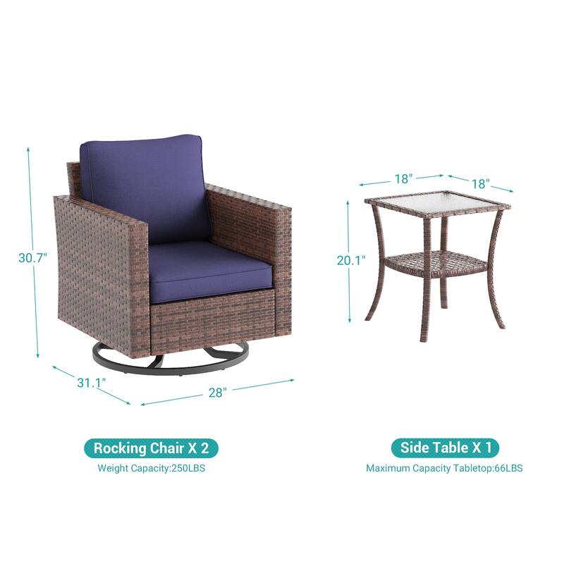 BONOSUKI 3Pcs Patio Swivel Rocking Sofa Set Brown Rattan w/Glass Table