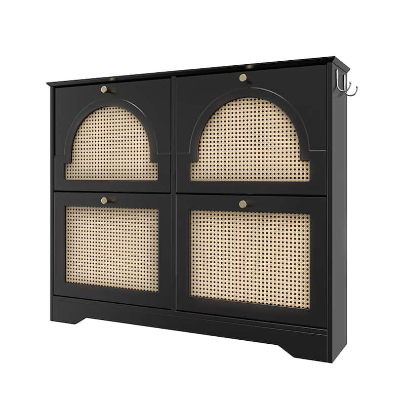 Mid-Century Modern Narrow Shoe Cabinet – 4 Flip-Drawer & 4 Rattan Door Design with Tipping Bucket Storage – 2 Silver Hooks