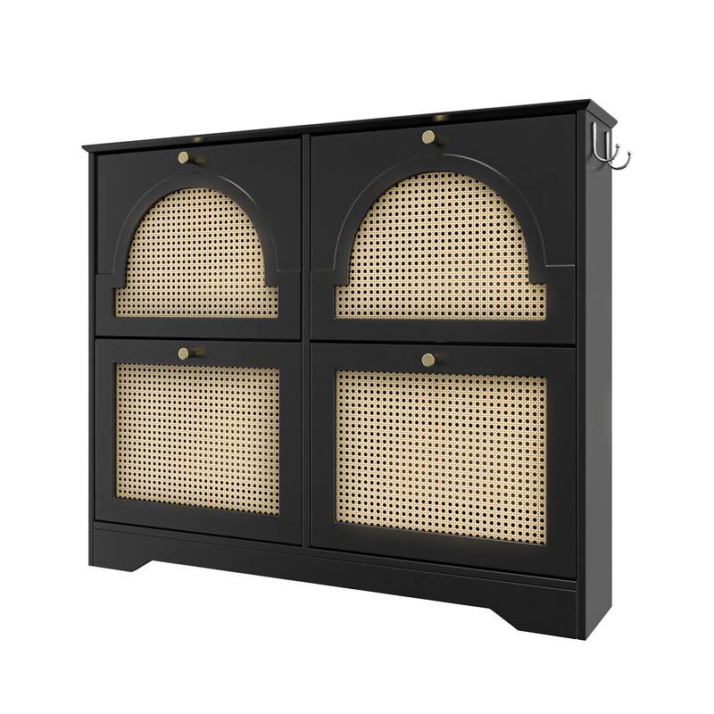 Mid-Century Narrow Tipping Bucket Shoe Cabinet with 4 Flip Drawers and Rattan Doors - 42.1" W × 8.3" D × 35.4" H