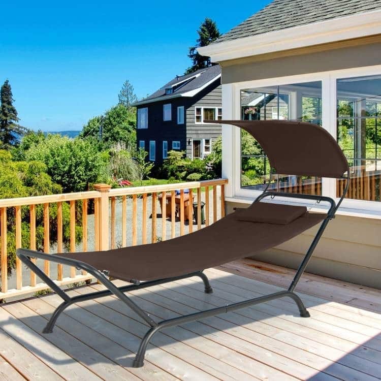 Metal Canopy Hammock Chaise Lounge Chair with Pillow and Stand - 95.5" x 40.5" x 53"
